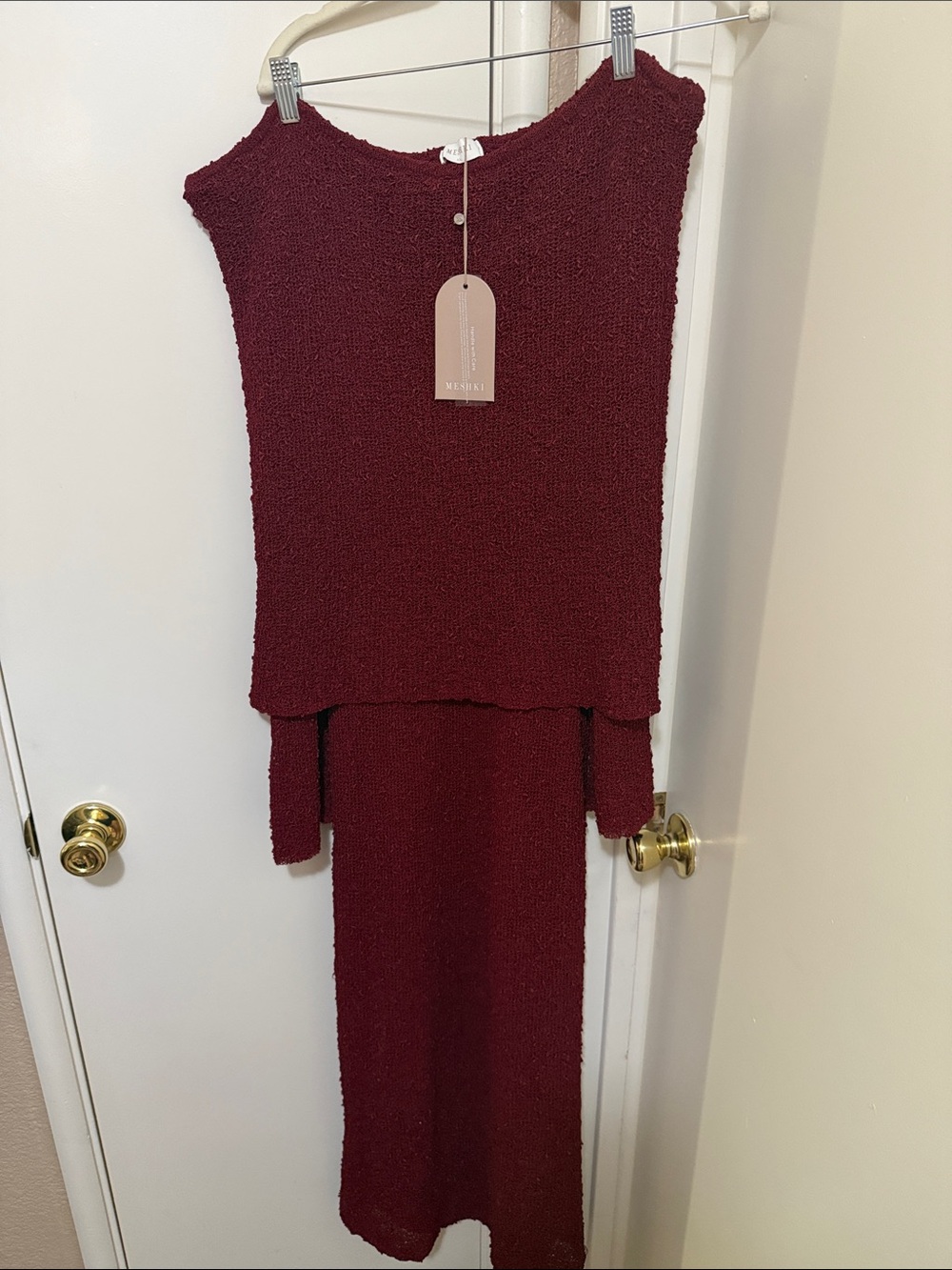 Meshki Wine Red Textured Maxi Dress Set